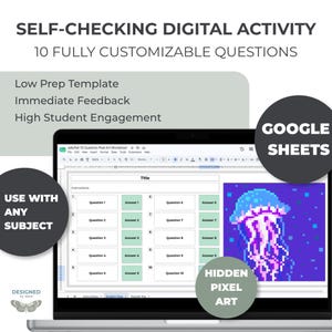 May include: A digital self-checking activity template for Google Sheets featuring 10 customisable questions and answers. The screen displays a worksheet layout with a hidden pixel art jellyfish graphic on a purple background, designed for student engagement.