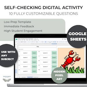 May include: A digital self-checking activity template for Google Sheets featuring 10 customisable questions and answers. The interface displays a pixel art lobster graphic that appears as students input correct answers into the spreadsheet.