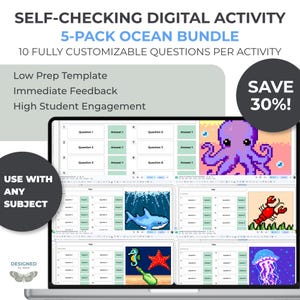 May include: A digital activity bundle featuring a laptop screen displaying five ocean-themed pixel art templates with ten customizable questions and answers each. The screen shows graphics of an octopus, shark, lobster, seahorse, and jellyfish.