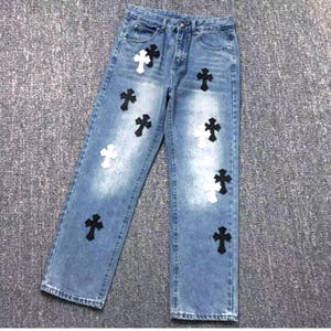 Light Blue Cross Patch Denim Jeans, Straight Leg Y2K Jeans Unisex Casual Streetwear
