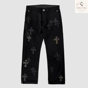 Black Gothic Denim Pants, Cross Design Wide Leg Jeans, Trendy Streetwear Fashion Trousers