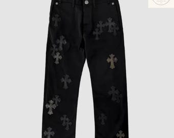 Pantalones vaqueros góticos negros, vaqueros de pierna ancha con diseño cruzado, pantalones de moda urbana a la última.