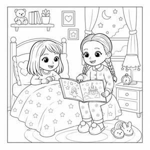Könnte beinhalten: Eine schwarz-weiße Malvorlage mit zwei Kindern in einem Schlafzimmer. Ein Kind sitzt im Bett unter einer Decke mit Sternenmuster, während das andere daneben sitzt und in einem offenen Buch mit Zeichnungen einer Burg und einer Figur liest.