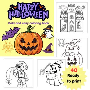 K&ouml;nnte beinhalten: Ein Happy Halloween Malbuch mit kr&auml;ftigen Linien, das einen gro&szlig;en orangefarbenen K&uuml;rbis, eine lila Fledermaus, ein Gespenst mit K&uuml;rbiseimer und einen Hexenhut zeigt. Enth&auml;lt schwarz-wei&szlig;e Strichzeichnungen eines Spukhauses und eines Piraten.