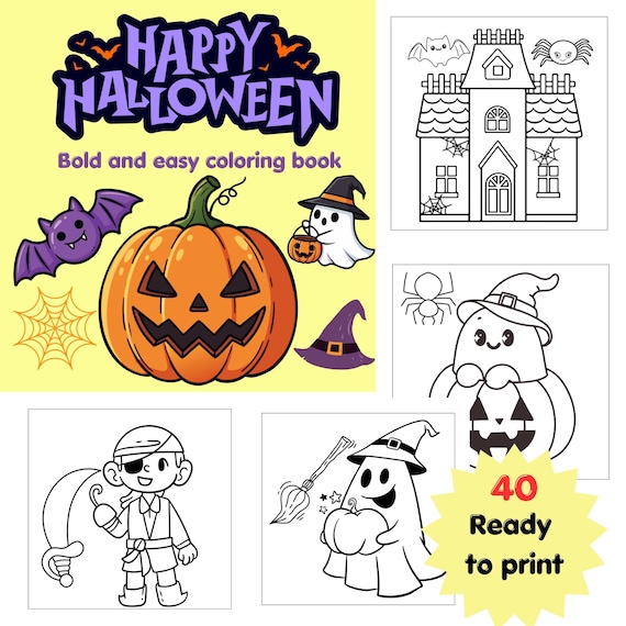 Happy Halloween coloring pages,40 coloring page , bold ans easy for kids, printable, pdf.