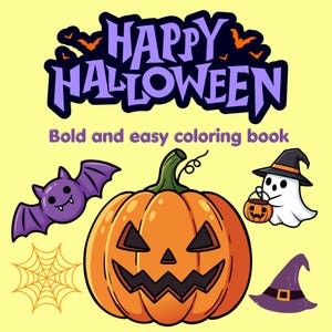 K&ouml;nnte beinhalten: Ein Malbuch-Cover mit dem Text Happy Halloween und Bold and easy coloring book. Das Design zeigt einen gro&szlig;en orangefarbenen K&uuml;rbis, eine lila Fledermaus, ein wei&szlig;es Gespenst mit schwarzem Hexenhut, ein Spinnennetz und einen lila Hexenhut.