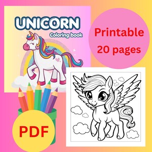 Könnte beinhalten: Ein digitales Einhorn-Malbuch mit 20 druckbaren Seiten im PDF-Format. Das Cover zeigt ein weißes Einhorn mit regenbogenfarbener Mähne, einen Regenbogen und Wolken. Eine separate Schwarz-Weiß-Malvorlage zeigt ein geflügeltes Pony mit Wolken.