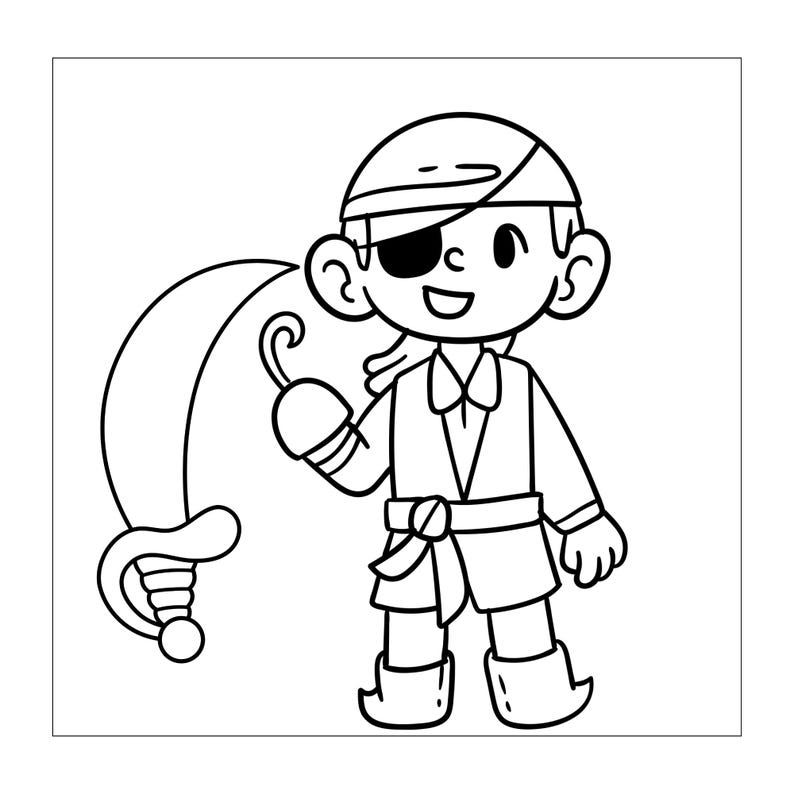 K&ouml;nnte beinhalten: Eine schwarz-wei&szlig;e Strichzeichnung eines Piratencharakters mit Kopftuch und Augenklappe. Die Figur hat einen Haken als Hand und h&auml;lt ein gebogenes Schwert. Der Pirat tr&auml;gt ein Hemd mit Kragen, einen G&uuml;rtel mit Schleife und Stiefel.