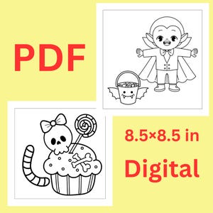 K&ouml;nnte beinhalten: Ein digitales PDF-Malbuch-Set im Format 8,5x8,5 Zoll. Eine Seite zeigt einen Cartoon-Vampir mit einem fledermausf&ouml;rmigen S&uuml;&szlig;igkeiten-Eimer. Die andere Seite zeigt einen Cupcake mit einem Totenkopf mit Schleife, einem Lutscher und einem Knochen.