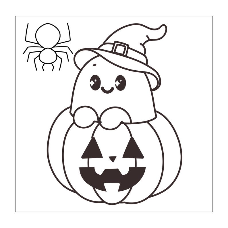 K&ouml;nnte beinhalten: Eine schwarz-wei&szlig;e Strichzeichnung, die einen l&auml;chelnden Geist mit Hexenhut zeigt, der auf einem geschnitzten Halloween-K&uuml;rbis sitzt. Eine Spinne befindet sich in der oberen linken Ecke des Rahmens. Das Design verwendet klare Umrisslinien.