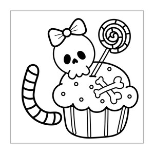 K&ouml;nnte beinhalten: Eine schwarz-wei&szlig;e Strichzeichnung eines Cupcakes, der mit einem Totenkopf mit Schleife, einem Lutscher und gekreuzten Knochen verziert ist. Ein langer, gestreifter Schwanz kr&uuml;mmt sich links vom Cupcake und bildet ein einfaches Charakterdesign.