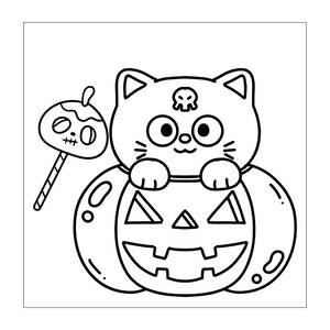 K&ouml;nnte beinhalten: Eine schwarz-wei&szlig;e Strichzeichnung eines Cartoon-Katzengesichts mit einem kleinen Totenkopf-Symbol auf der Stirn, das in einem geschnitzten Halloween-K&uuml;rbis sitzt. Links daneben ist ein Lutscher in Form eines Totenkopfes mit gestreiftem Stiel zu sehen.
