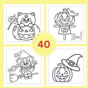 K&ouml;nnte beinhalten: Eine Sammlung von 40 schwarz-wei&szlig;en Malvorlagen mit Halloween-Motiven. Die Designs zeigen eine Katze im K&uuml;rbis, eine K&uuml;rbis-Vogelscheuche mit Fledermaus, eine Figur auf einem Besenstiel mit Bonbon sowie einen K&uuml;rbis mit Hexenhut. Der Text Boo! ist zu sehen.
