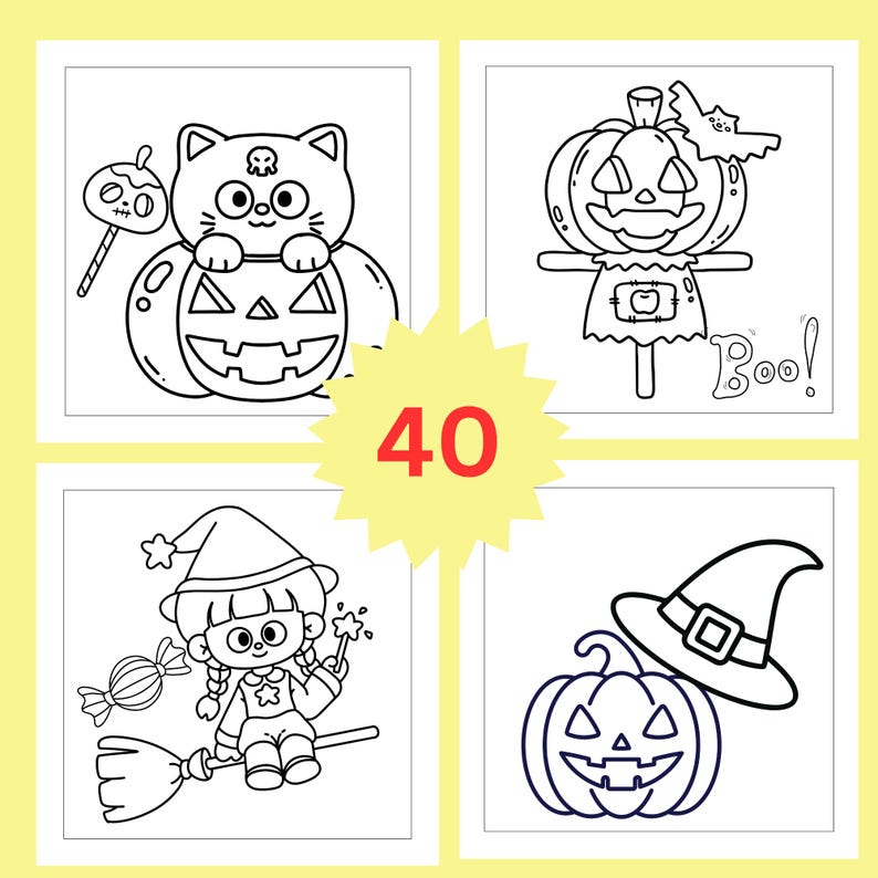 K&ouml;nnte beinhalten: Eine Sammlung von 40 schwarz-wei&szlig;en Malvorlagen mit Halloween-Motiven. Die Designs zeigen eine Katze im K&uuml;rbis, eine K&uuml;rbis-Vogelscheuche mit Fledermaus, eine Figur auf einem Besenstiel mit Bonbon sowie einen K&uuml;rbis mit Hexenhut. Der Text Boo! ist zu sehen.