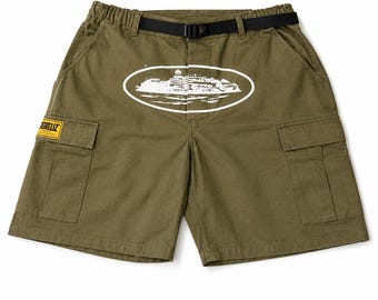 Olijfkleurige cargoshort, casual utility-short, uniseks streetwear-kleding, comfortabele zomerkleding