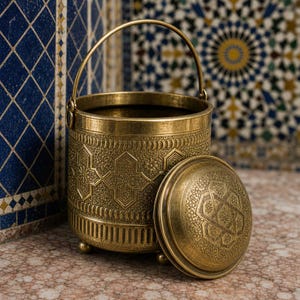 May include: A cylindrical brass bucket with a swing handle and a matching lid. The exterior of the bucket and the top of the lid feature intricate embossed geometric and floral patterns. The container stands on small, rounded brass feet.