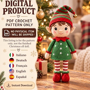 Virkmönster för jultomte med amigurumi i PDF-format, 5 språk (digital nedladdning)