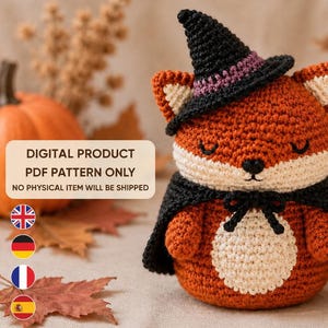 Halloween-Fuchs-Amigurumi-Häkelanleitung (PDF), Hexenspielzeug-Tutorial, Englisch, Deutsch, Französisch, Spanisch