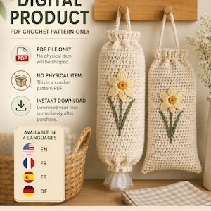 May include: A digital PDF crochet pattern for two cream-colored hanging storage bags, each featuring a yellow daffodil appliqué with green stems. The text reads DIGITAL PRODUCT, PDF CROCHET PATTERN ONLY, PDF FILE ONLY, NO PHYSICAL ITEM, INSTANT DOWNLOAD.