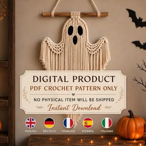 Patrón de ganchillo para colgar en la pared con forma de fantasma de Halloween en PDF, tutorial de decoración de fantasmas estilo macramé, inglés, alemán, francés, español, italiano