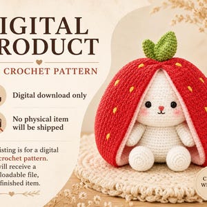 Strawberry Bunny Crochet Pattern, Kawaii Fruit Plush Toy Tutorial (PDF Download)