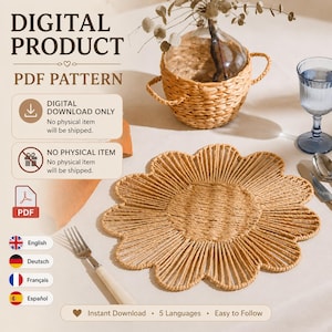 May include: A digital product PDF pattern advertisement featuring text that reads DIGITAL PRODUCT PDF PATTERN, DIGITAL DOWNLOAD ONLY, and NO PHYSICAL ITEM. The image displays a woven tan flower-shaped placemat, a woven basket, and a blue glass.