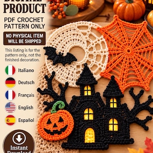 Peut inclure: Un modèle de crochet numérique PDF présentant des motifs sur le thème d'Halloween, dont une maison hantée noire aux fenêtres jaunes, une citrouille orange, une toile d'araignée circulaire blanche et une toile orange. Texte : DIGITAL PRODUCT.