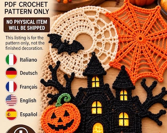 May include: A digital PDF crochet pattern featuring Halloween-themed designs including a black haunted house with yellow windows, an orange jack-o'-lantern, a white circular spider web, and an orange spider web. Text includes DIGITAL PRODUCT.