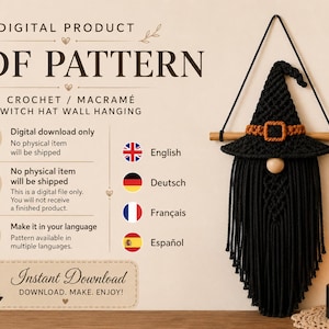 Halloween Witch Hat Macrame Pattern PDF, Crochet Wall Hanging Decor, Gnome Witch Hat Tutorial English German French Spanish