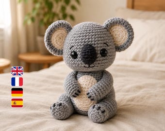 Patrón de amigurumi de koala en PDF, adorable y suave peluche de koala, descarga digital para principiantes en inglés, francés, alemán y español.