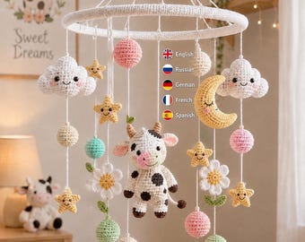 Móbile de crochê para bebê vaca em PDF, móbile amigurumi para berçário com lua, estrelas, nuvens e flores, 5 idiomas