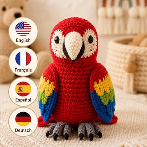 Patrón de Ganchillo Loro Guacamaya Roja PDF / Tutorial Pájaro Amigurumi 28 cm / English Français Español Deutsch
