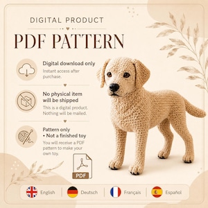 May include: A digital PDF pattern for a crocheted dog. The image features a beige, textured, handmade-style dog figure with dark eyes and a black nose. Text includes DIGITAL PRODUCT, PDF PATTERN, Digital download only, No physical item will be shipped.