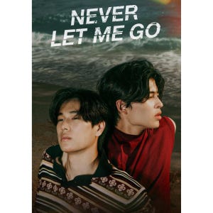 May include: A poster featuring two individuals with dark hair standing on a beach at dusk. The person in the foreground wears a striped shirt with a collar, while the person behind wears a sleeveless red top. The text NEVER LET ME GO is visible.