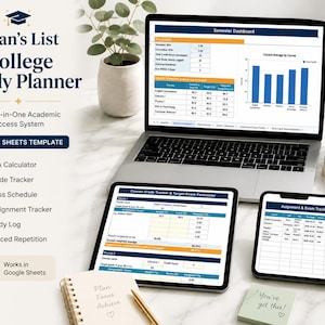 May include: A digital college study planner template for Google Sheets displayed on a laptop, tablet, and smartphone. The screen shows a Semester Dashboard, Course Grade Tracker, and Assignment Tracker with charts, tables, and academic data.