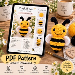 May include: A digital tablet displaying a Crochet Bee amigurumi pattern with step-by-step photos, alongside a finished yellow and black crocheted bee toy, a 5.0mm crochet hook, and yarn balls. The screen shows text including Crochet Bee, Materials, and Abbreviations.