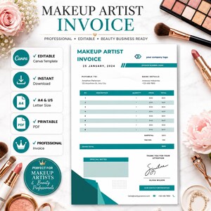 Peut inclure: Un modèle de facture numérique pour maquilleur professionnel avec des sections bleu sarcelle et blanches, incluant des champs pour le logo, le numéro de facture, la date, les coordonnées bancaires, les détails, les quantités et le total.