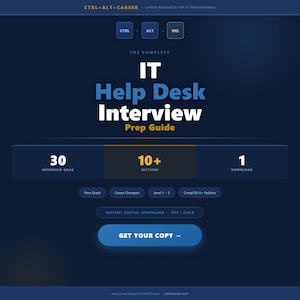 May include: A digital IT Help Desk Interview Prep Guide featuring a dark blue background with white and yellow text. It includes 30 interview Q&As, 10+ sections, and 1 download. The layout displays buttons for New Grads, Career Changers, and CompTIA A+ Holders.