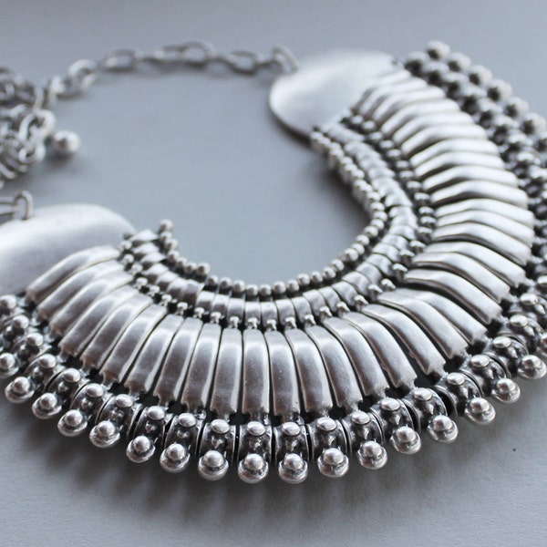 Silver Statement Necklace -Ethnic jewelry boho bib necklace, silver tribal collar