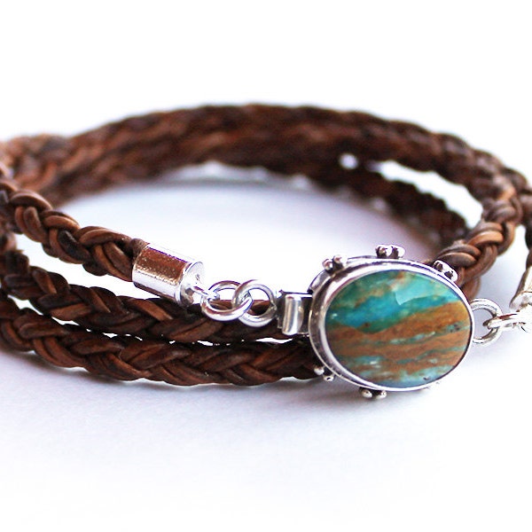 Blue opal leather braid bracelet mens or womens multi wrap bracelet