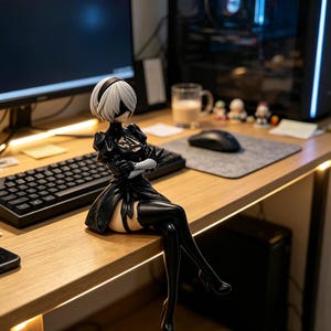 Peut inclure: Une figurine représentant un personnage aux cheveux blancs courts, portant un bandeau noir et une robe noire à manches bouffantes, assise les bras croisés. La figurine porte des bottes noires montant jusqu'aux cuisses sur un bureau en bois.