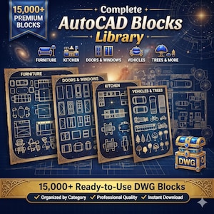 May include: A digital collection titled Complete AutoCAD Blocks Library featuring 15,000+ premium blocks. The image displays four rectangular panels labeled Furniture, Doors & Windows, Kitchen, and Vehicles & Trees, alongside a blue treasure chest labeled DWG.