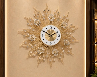 Orologio da parete moderno e minimalista in metallo dorato / Orologio decorativo nordico silenzioso / Decorazione murale floreale in ferro battuto per soggiorno e camera da letto