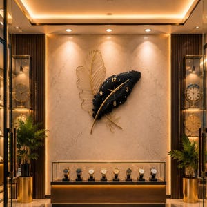 Puede incluir: Un reloj de pared con forma de dos plumas superpuestas, una de alambre dorado y otra negra con números dorados en el 3, 6, 9 y 12. El reloj está montado en una pared clara sobre una vitrina de cristal que contiene varios relojes de pulsera.