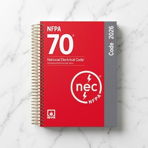 May include: A spiral-bound NFPA 70 National Electrical Code 2026 book with a bright red cover, a grey vertical stripe on the right, and white text. The cover features the large number 70, the NEC logo with lightning bolts, and the NFPA flame icon.