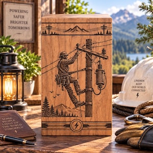 May include: A rectangular wooden box featuring a laser-engraved illustration of a utility worker climbing a power pole. The design includes mountain silhouettes, power lines, and a lightning bolt icon. The wood grain is visible throughout the surface.
