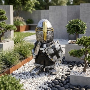 May include: A garden statue of a knight wearing a silver helmet with a gold cross detail, a black tunic with a white cross emblem, and silver armor. The knight holds a silver sword in the right hand and a silver shield with a black cross in the left.