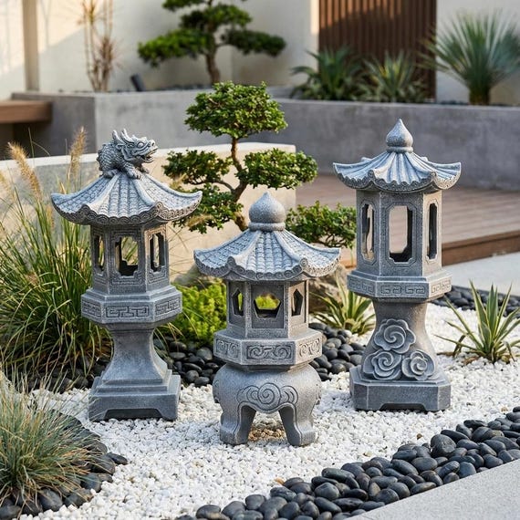 I - Japanese Stone Pagoda Lantern, Zen Garden Decor, Waterproof Outdoor Temple Lantern, Resin Garden Statue, Patio Courtyard Accent