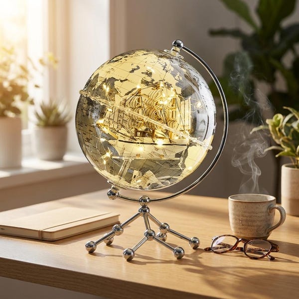 Vintage Ship Resin Globe Decor, Nautical World Globe Sculpture, Maritime Desk Ornament, Coastal Home Decor, Traveler Gift