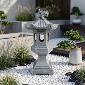 May include: A gray stone garden lantern featuring a hexagonal base, a central chamber with open windows, and a tiered roof topped with a sculpted mythical creature. The structure displays intricate geometric carvings along the midsection.